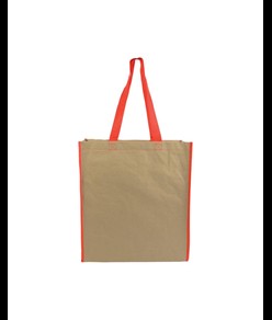 Shopper con soffietto in carta con interno in PP 140 g/m2, manici lunghi a nastro colorati