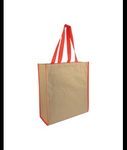 Shopper con soffietto in carta con interno in PP 140 g/m2, manici lunghi a nastro colorati