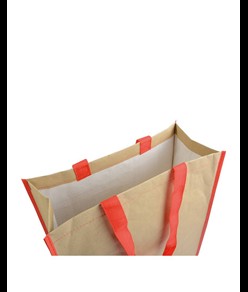 Shopper con soffietto in carta con interno in PP 140 g/m2, manici lunghi a nastro colorati