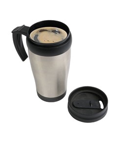 Tazza termica (400ml) in acciaio inox, con interno, manico e tappo in plastica Tazza termica (400ml) in acciaio inox, con interno, manico e tappo in plastica