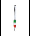 Penna twist in plastica con fusto bianco, impugnatura tricolore e gommino per touch screen