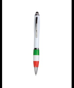 Penna twist in plastica con fusto bianco, impugnatura tricolore e gommino per touch screen