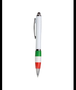 Penna twist in plastica con fusto bianco, impugnatura tricolore e gommino per touch screen