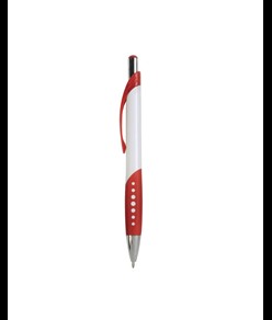 Penna a scatto in plastica con fusto bianco, impugatura gommata e colorata