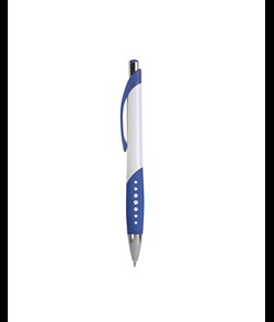 Penna a scatto in plastica con fusto bianco, impugatura gommata e colorata