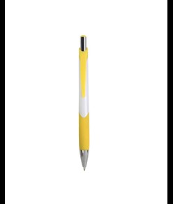 Penna a scatto in plastica con fusto bianco, impugatura gommata e colorata