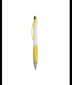 Penna a scatto in plastica con fusto bianco, impugatura gommata e colorata