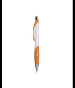 Penna a scatto in plastica con fusto bianco, impugatura gommata e colorata