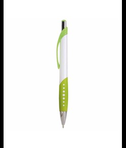 Penna a scatto in plastica con fusto bianco, impugatura gommata e colorata