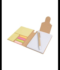 Block notes in carta riciclata, con penna in cartone e foglietti adesivi