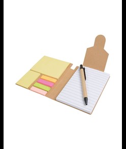 Block notes in carta riciclata, con penna in cartone e foglietti adesivi