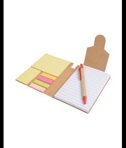 Block notes in carta riciclata, con penna in cartone e foglietti adesivi