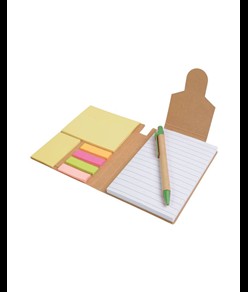 Block notes in carta riciclata, con penna in cartone e foglietti adesivi