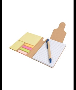 Block notes in carta riciclata, con penna in cartone e foglietti adesivi