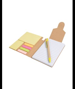 Block notes in carta riciclata, con penna in cartone e foglietti adesivi