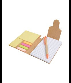 Block notes in carta riciclata, con penna in cartone e foglietti adesivi