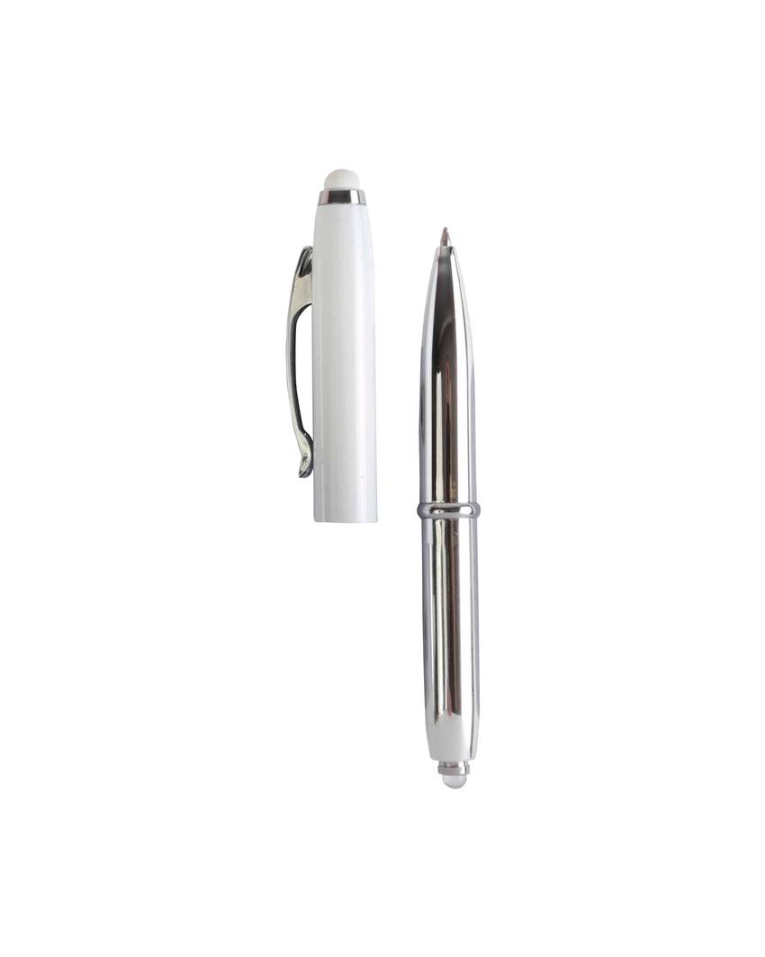 Mini penna in plastica color argento, con cappuccio e clip in metallo, con luce