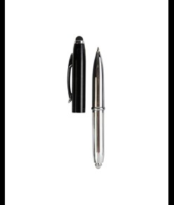 Mini penna in plastica color argento, con cappuccio e clip in metallo, con luce