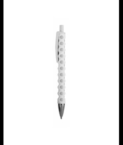 Penna a scatto in plastica con fusto, clip e pulsante bianchi, rivestimento gommato