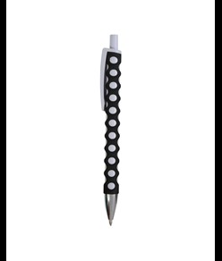 Penna a scatto in plastica con fusto, clip e pulsante bianchi, rivestimento gommato