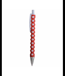 Penna a scatto in plastica con fusto, clip e pulsante bianchi, rivestimento gommato