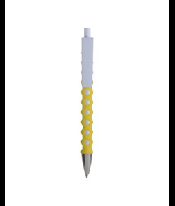 Penna a scatto in plastica con fusto, clip e pulsante bianchi, rivestimento gommato