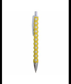 Penna a scatto in plastica con fusto, clip e pulsante bianchi, rivestimento gommato