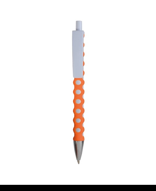 Penna a scatto in plastica con fusto, clip e pulsante bianchi, rivestimento gommato