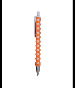 Penna a scatto in plastica con fusto, clip e pulsante bianchi, rivestimento gommato