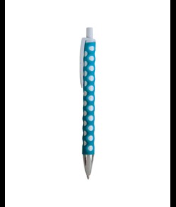 Penna a scatto in plastica con fusto, clip e pulsante bianchi, rivestimento gommato