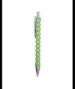 Penna a scatto in plastica con fusto, clip e pulsante bianchi, rivestimento gommato