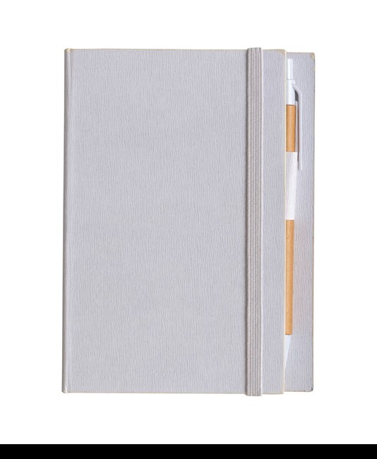 Block Notes in cartoncino con elastico colorato, penna, fogli a righe (70 pag.) e fogliett