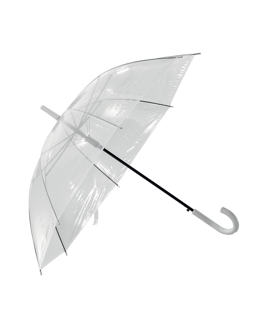 Ombrello automatico in POE trasparente con fusto in acciaio e manico curvo in plastica