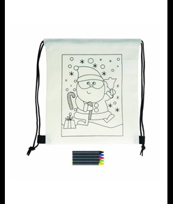 Set di 5 pastelli a cera colorati in mini zaino colorabile in TNT (Stampa Natalizia)