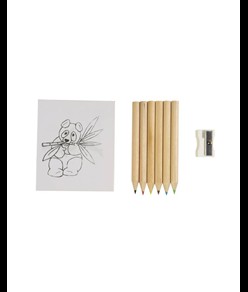 Set composto da 6 matite in legno colorate, temperino in plastica e album, in scatola