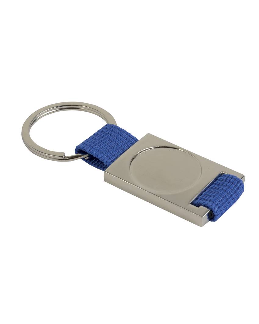 Portachiavi in alluminio/nylon. Spazio centrale idoneo per logo resina