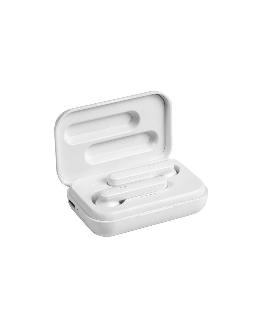 Auricolari bluetooth con scatola di ricarica e cavo di ricarica micro USB incluso.