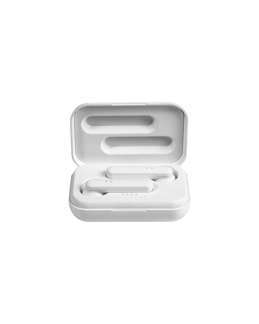 Auricolari bluetooth con scatola di ricarica e cavo di ricarica micro USB incluso.