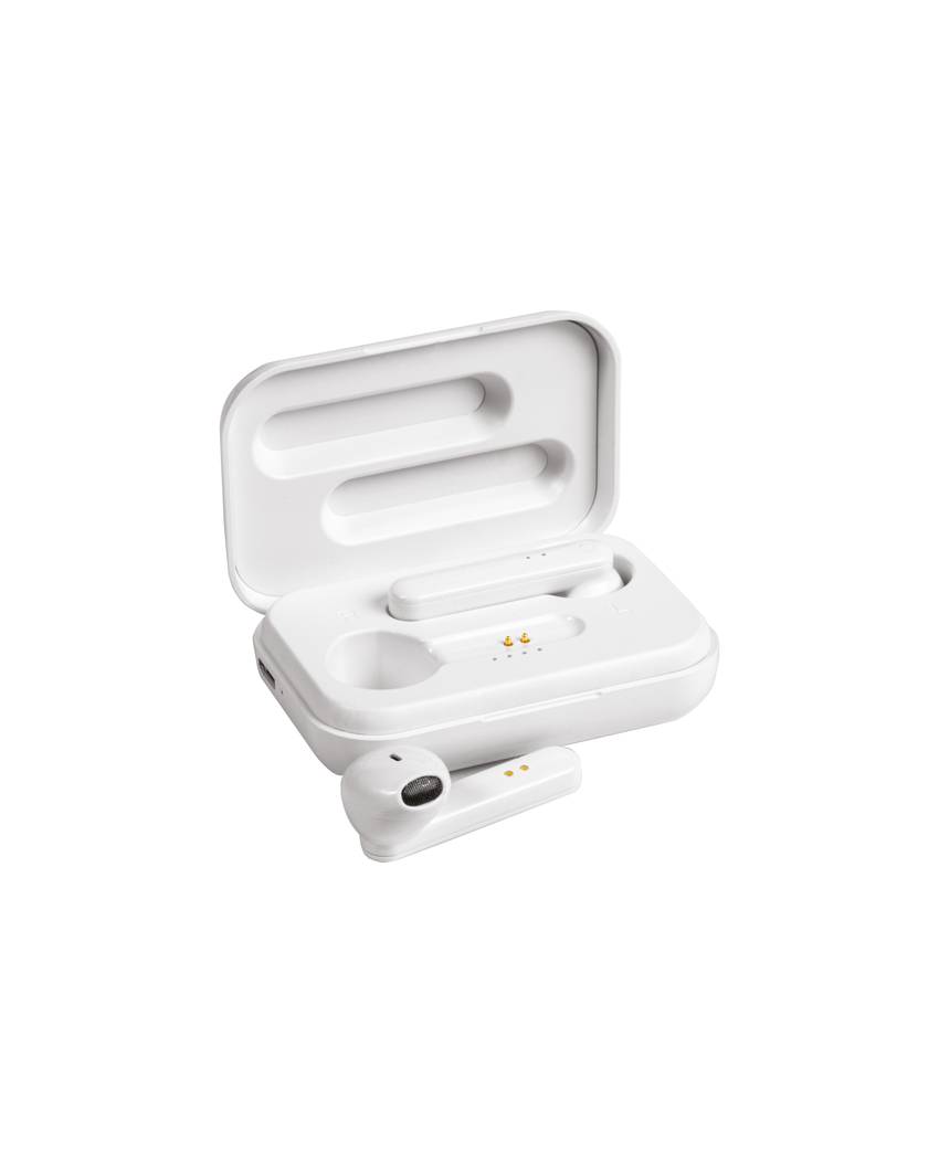 Auricolari bluetooth con scatola di ricarica e cavo di ricarica micro USB incluso.