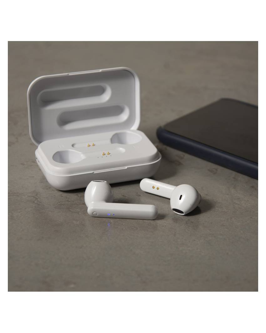 Auricolari bluetooth con scatola di ricarica e cavo di ricarica micro USB incluso.