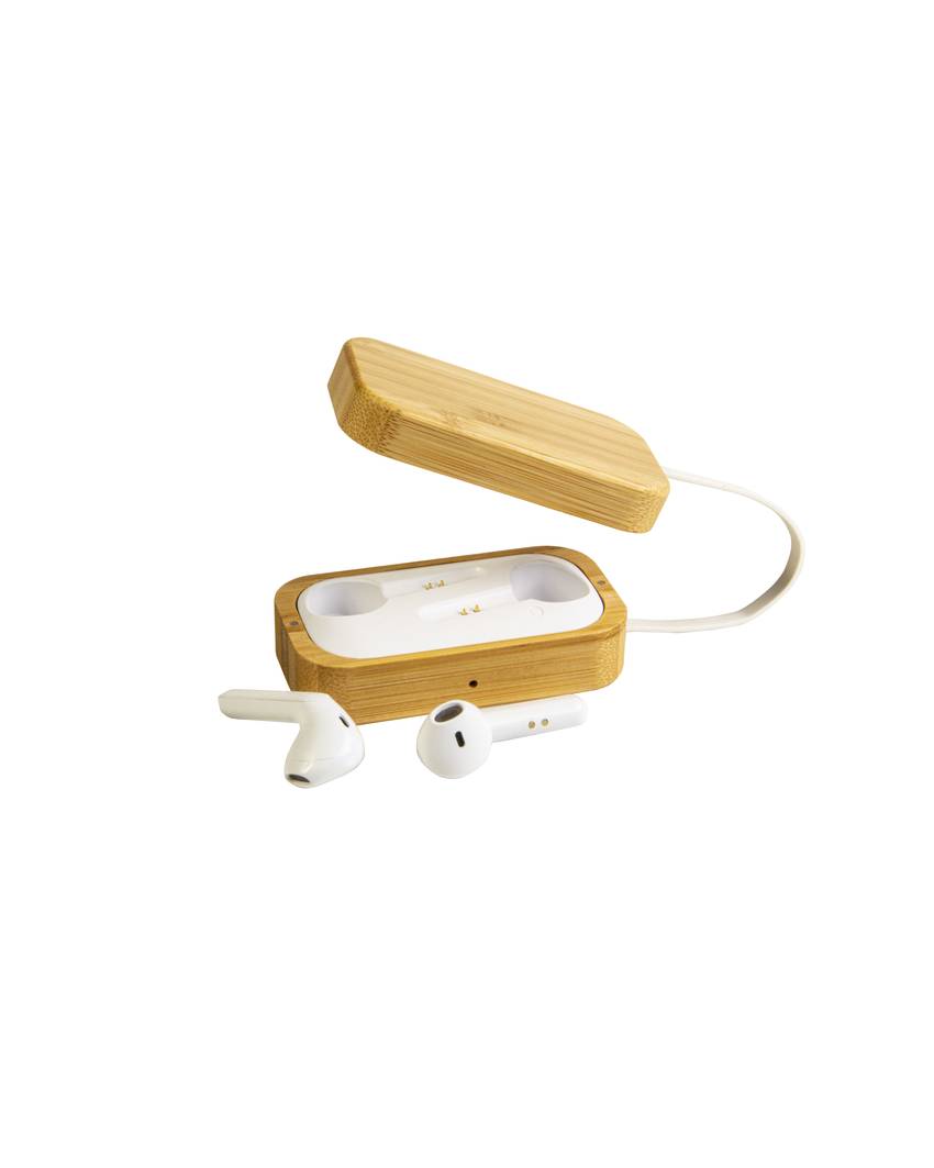 Auricolari bluetooth con scatola di ricarica in bambù e cavo di ricarica micro USB incluso