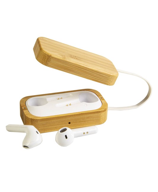 Auricolari bluetooth con scatola di ricarica in bambù e cavo di ricarica micro USB incluso