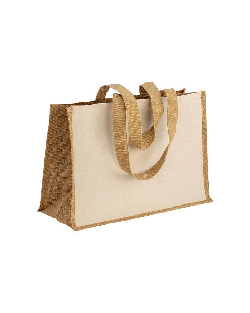 Shopper in cotone 280 g/m2 con soffietto, retro, manici e orlo in juta, manici lunghi Handle