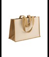 Shopper in cotone 280 g/m2 con soffietto, retro, manici e orlo in juta, manici lunghi Handle