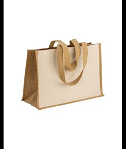 Shopper in cotone 280 g/m2 con soffietto, retro, manici e orlo in juta, manici lunghi Handle