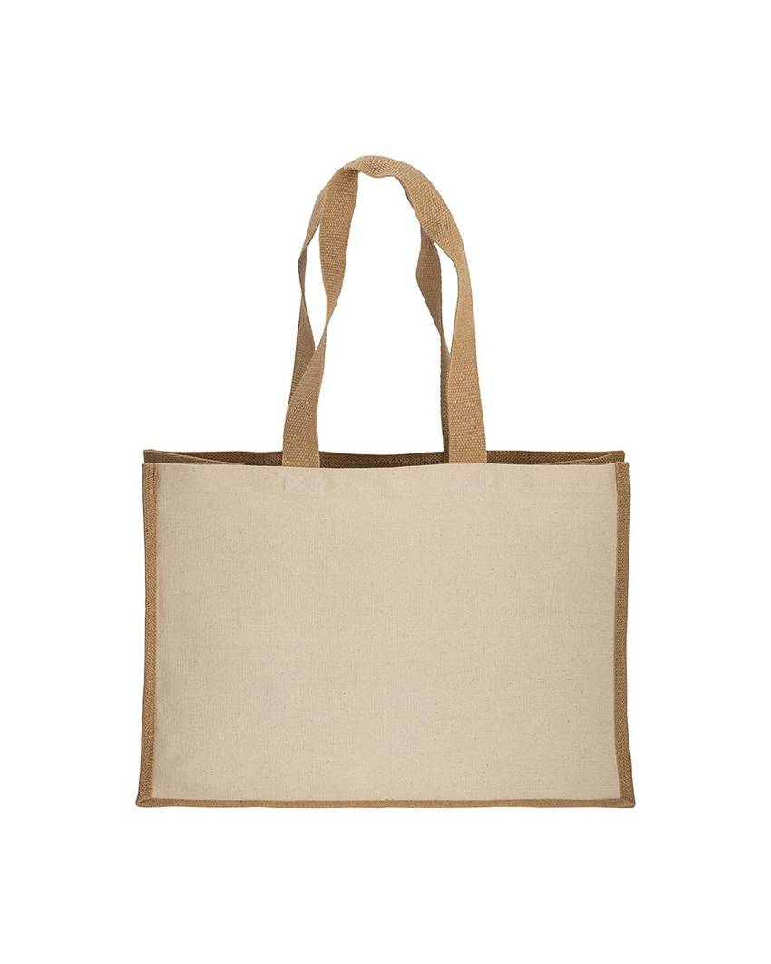Shopper in cotone 280 g/m2 con soffietto, retro, manici e orlo in juta, manici lunghi Handle