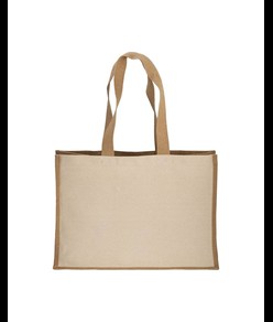Shopper in cotone 280 g/m2 con soffietto, retro, manici e orlo in juta, manici lunghi Handle