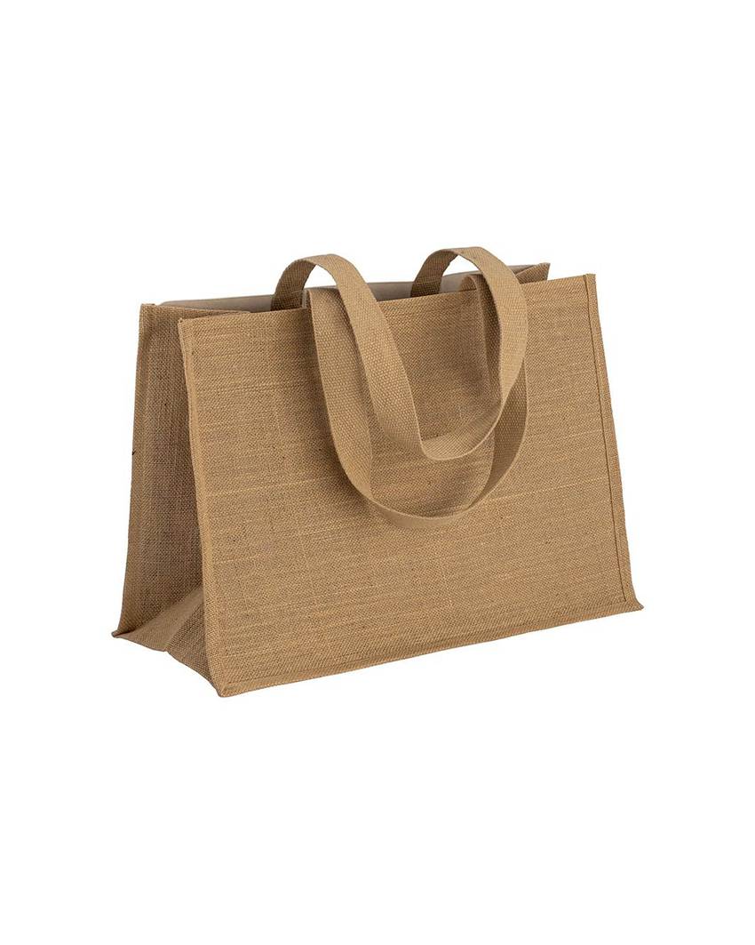 Shopper in cotone 280 g/m2 con soffietto, retro, manici e orlo in juta, manici lunghi Handle
