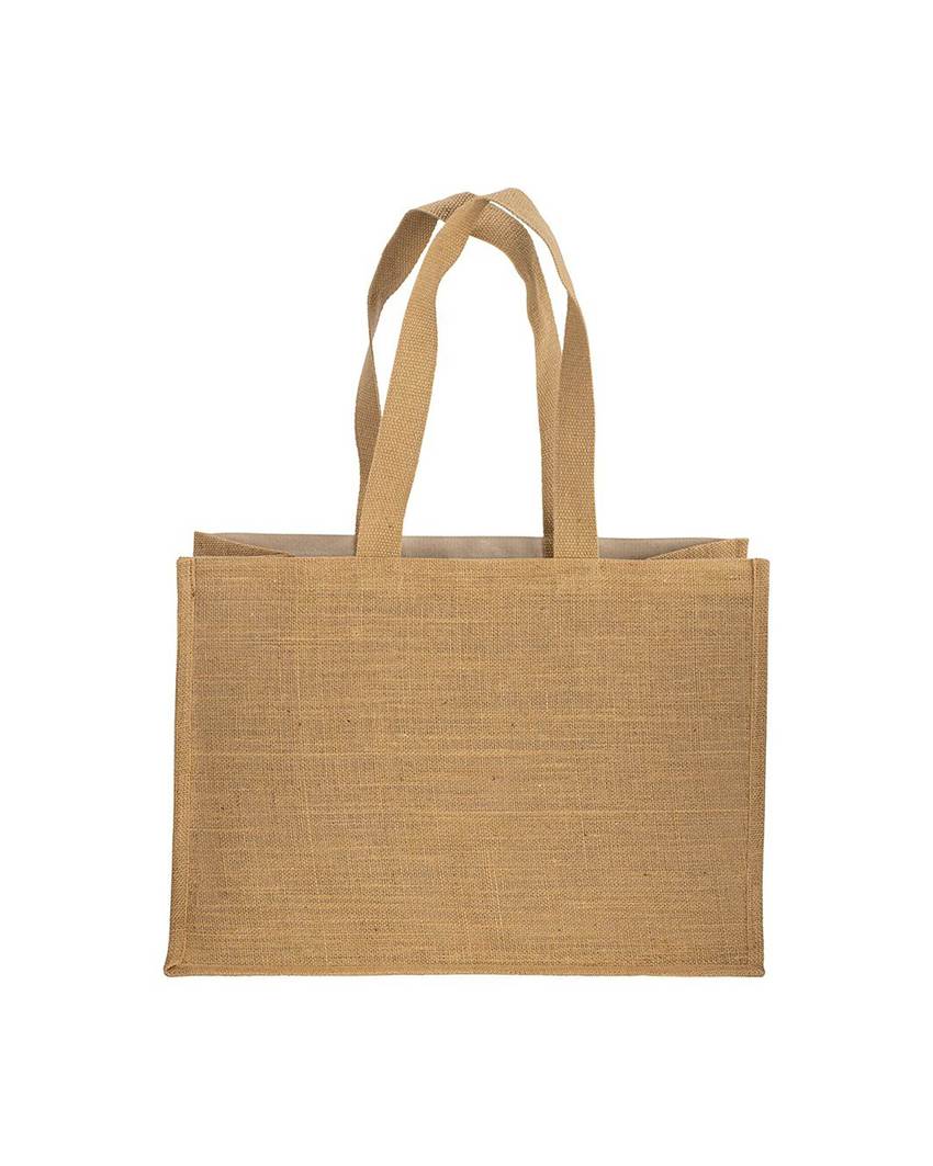 Shopper in cotone 280 g/m2 con soffietto, retro, manici e orlo in juta, manici lunghi Handle