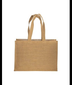 Shopper in cotone 280 g/m2 con soffietto, retro, manici e orlo in juta, manici lunghi Handle